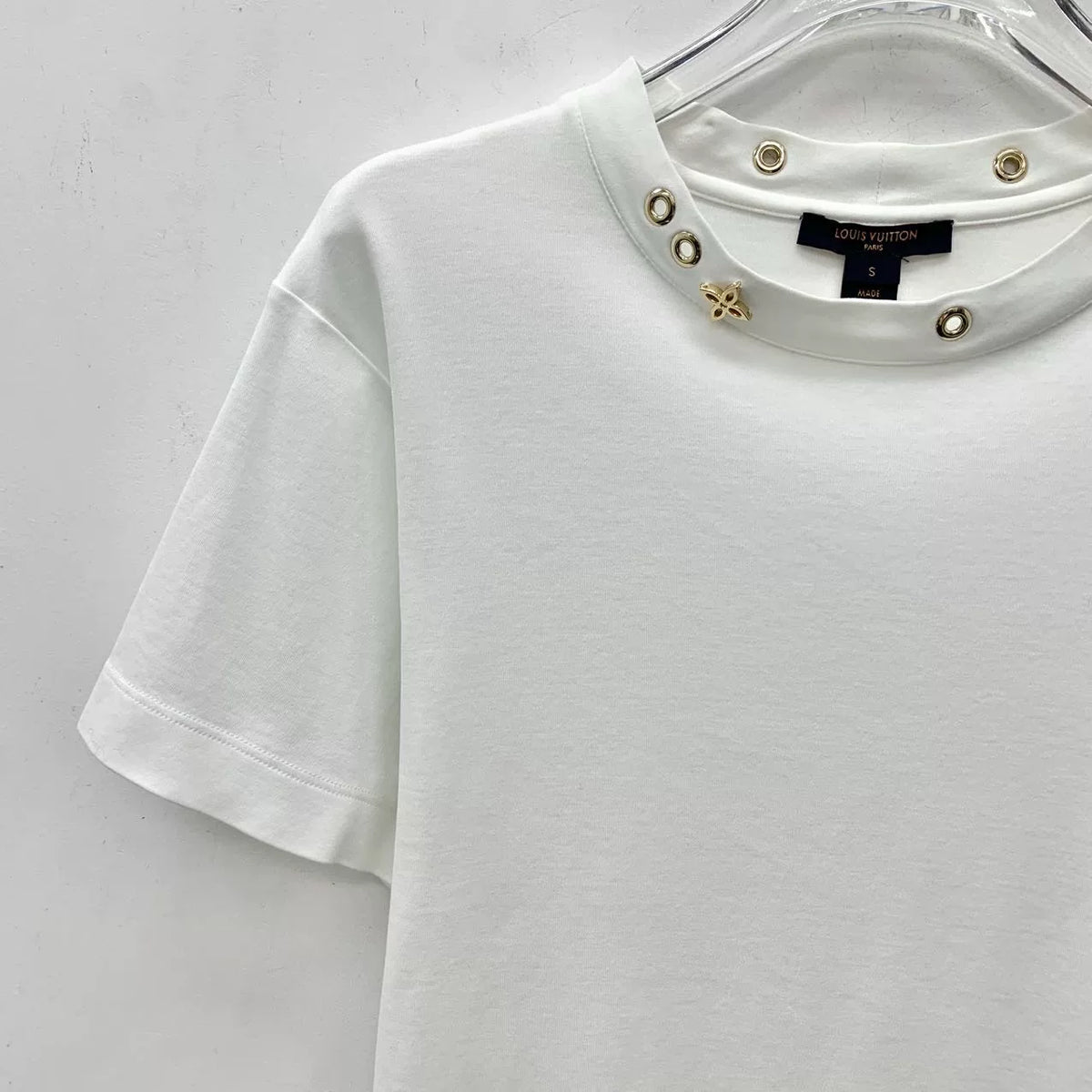 Louis Vuitton White Cut-Out Monogram Collar Cotton Crew Neck Short Sleeve Top