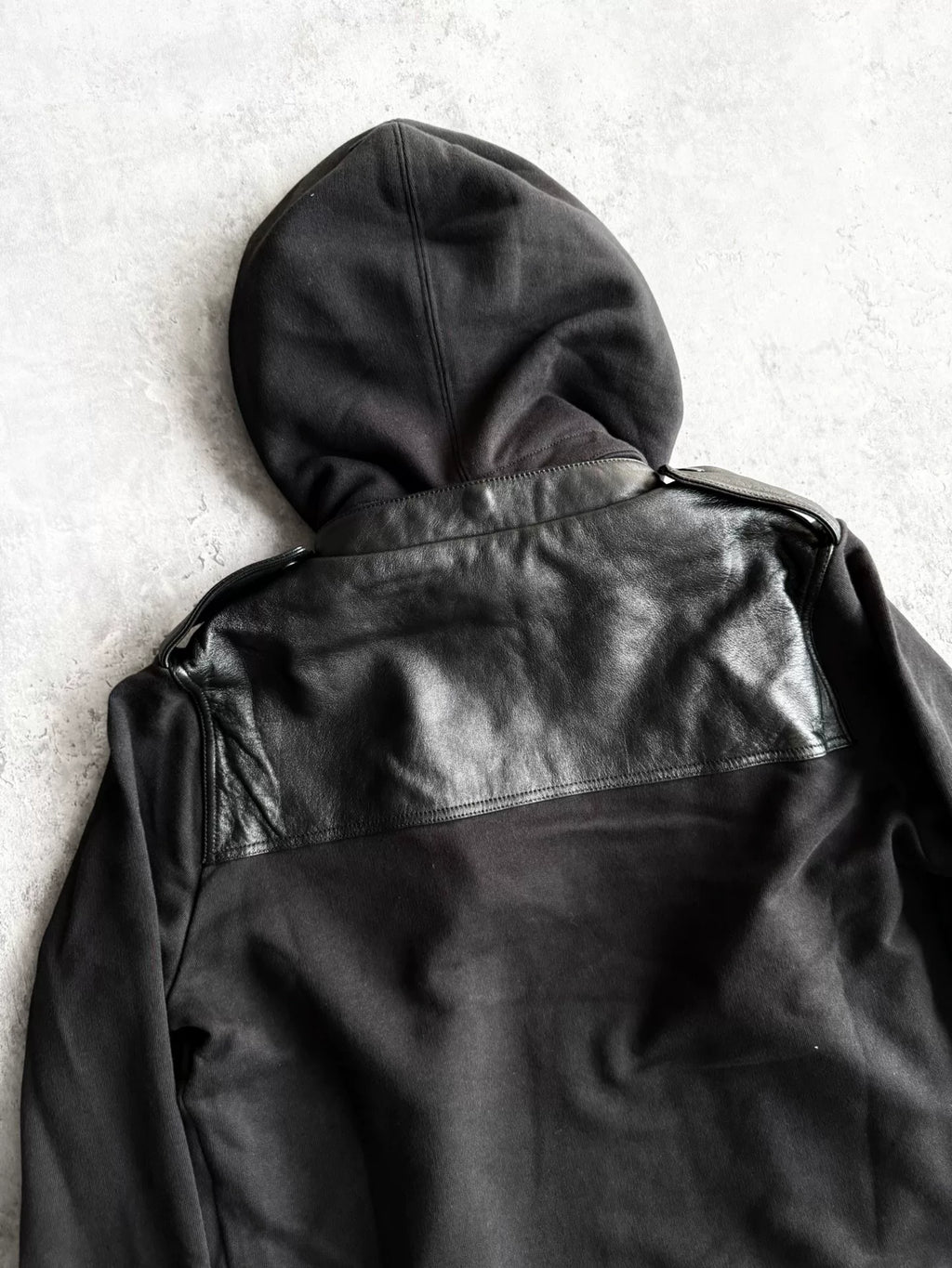 Saint Laurent Paris AW19 Black Military Leather Panel Zip-Up Hooded Sweater