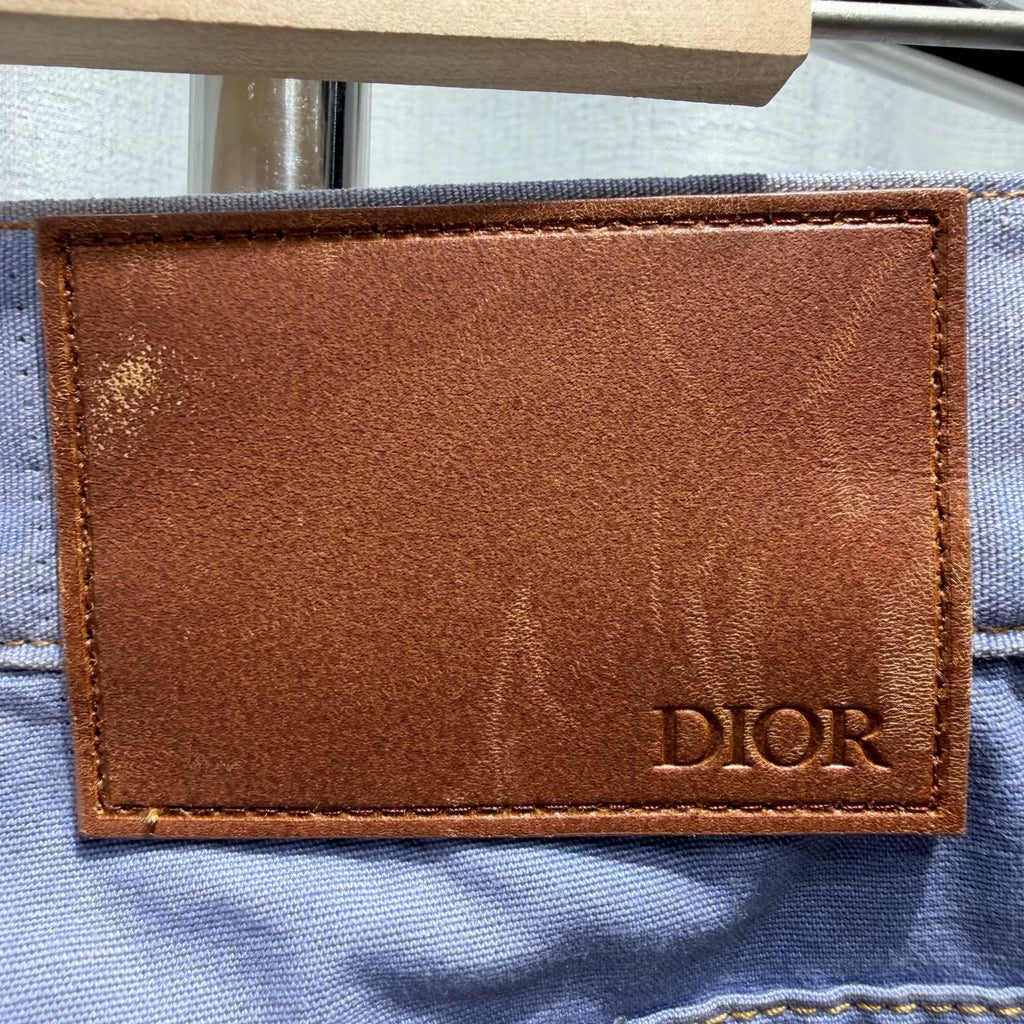 Dior Embroidered Logo Tie-Dye Straight-Leg Leather Patch Blue Jeans
