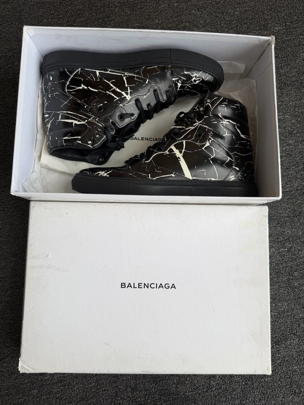 Balenciaga Arena Black Marble Print High Top Sneakers
