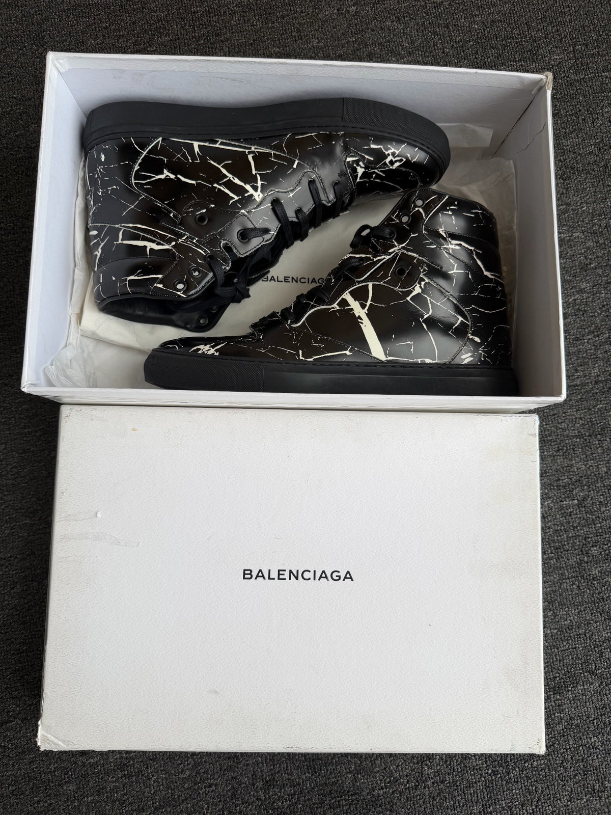 Balenciaga Arena Black Marble Print High Top Sneakers