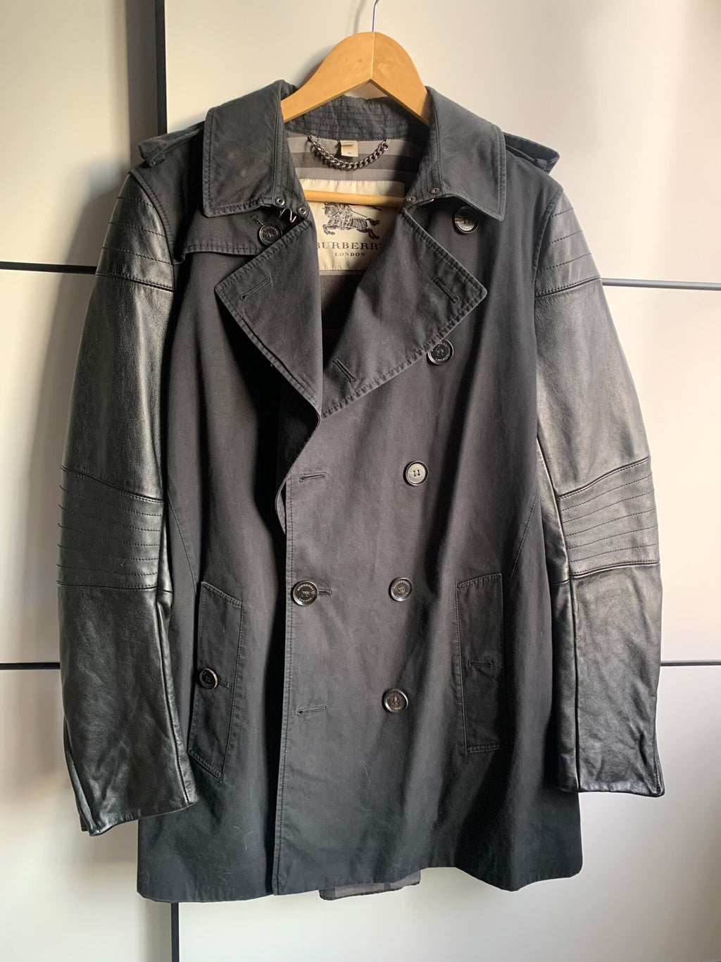 Burberry Black Leather-Panel Trench Coat