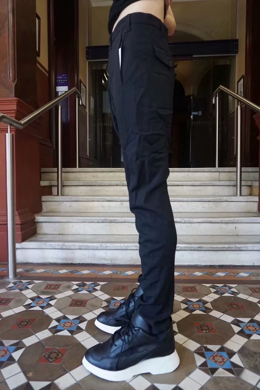 Julius FW16 Pre Black Curved Blade Viscose Wool Trousers