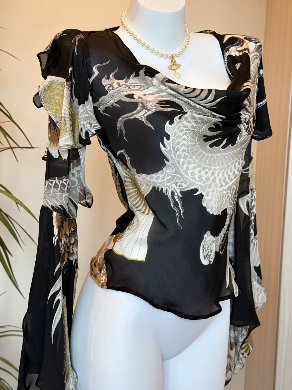 roberto cavalli rare vintage dragon pattern fan print top