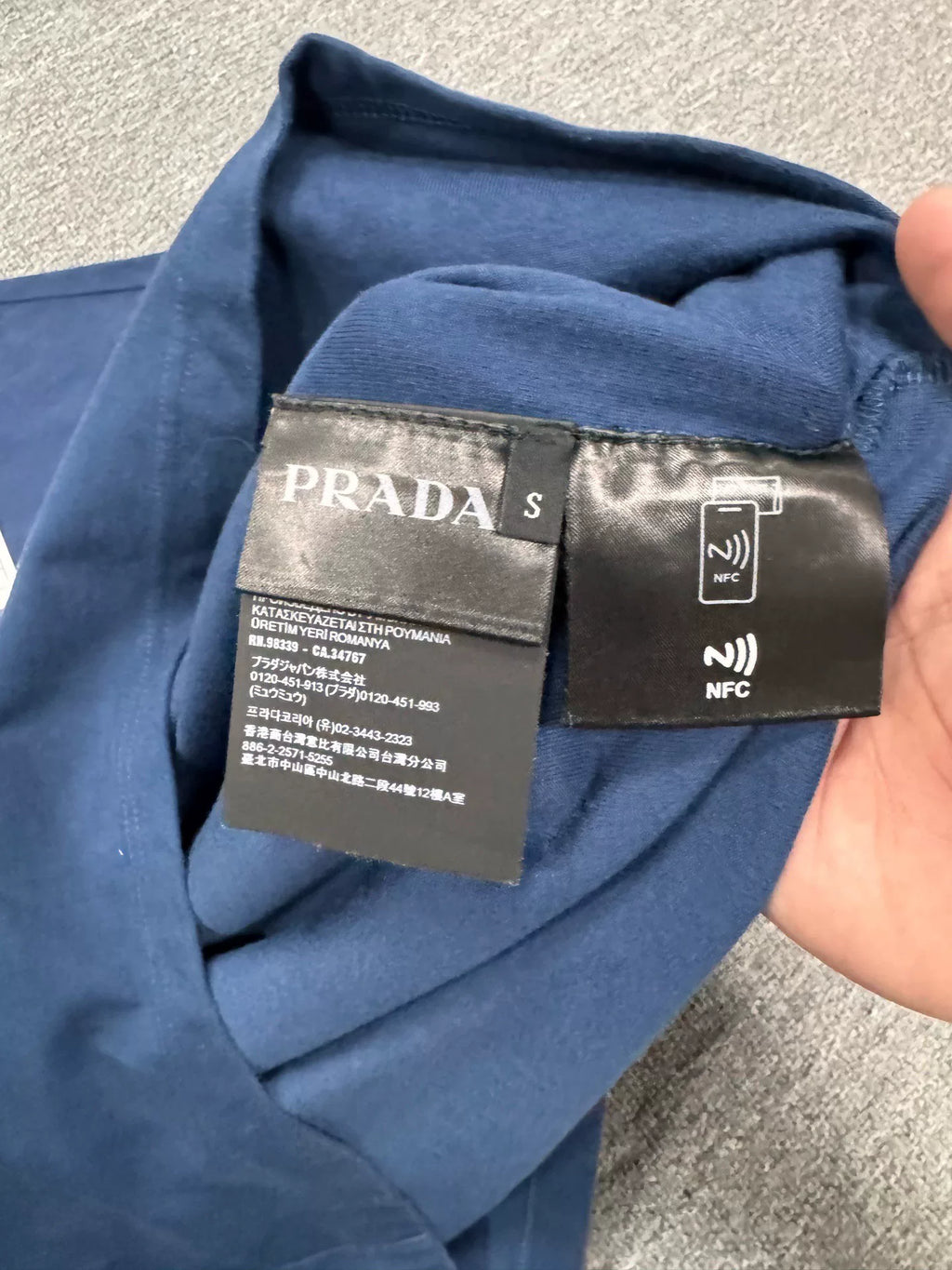 Prada Navy Blue Flocked Logo Short Sleeve Top