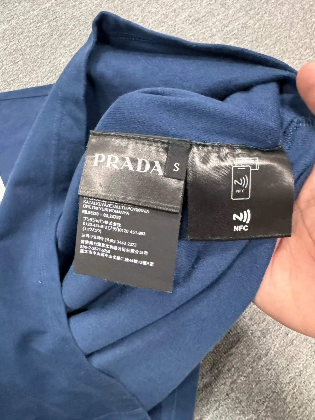 Prada Navy Blue Flocked Logo Short Sleeve Top