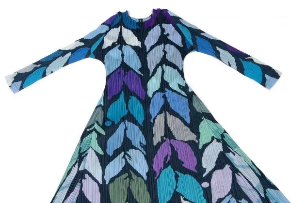 Issey Miyake Vintage Blue Green Leaf Print Pleated Dress