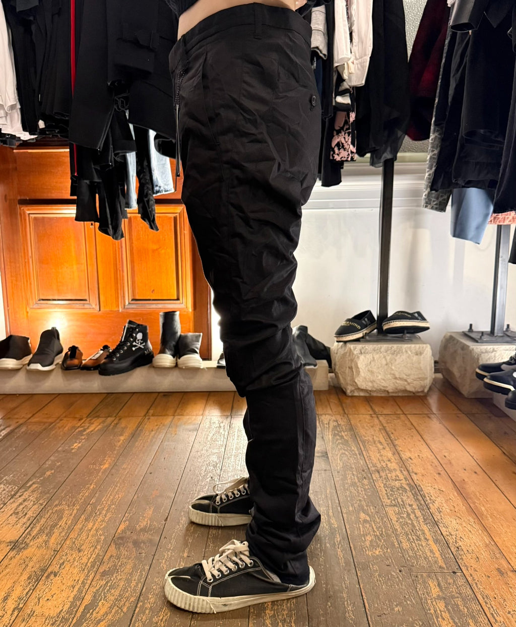 Julius SS14 Black Open Knee Ghost PU6 Silk Trousers