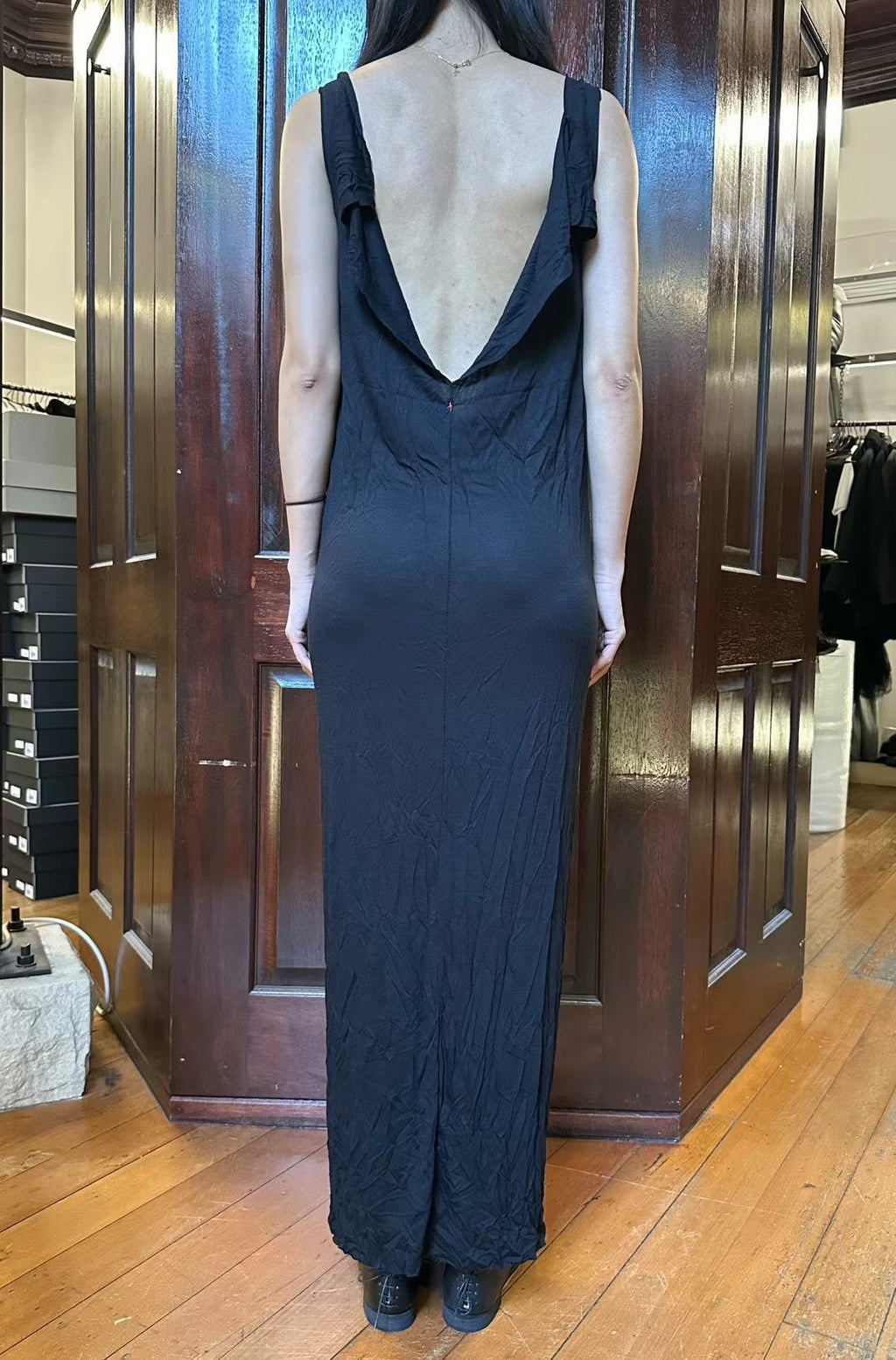 M.A+ FW24 extra Black V-Neck Backless VI Bamboo Dress