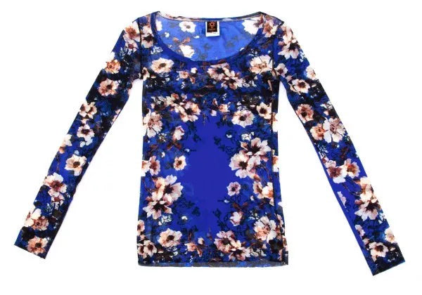 Jean Paul Gaultier Vintage Blue Nightingale Floral Mesh Top