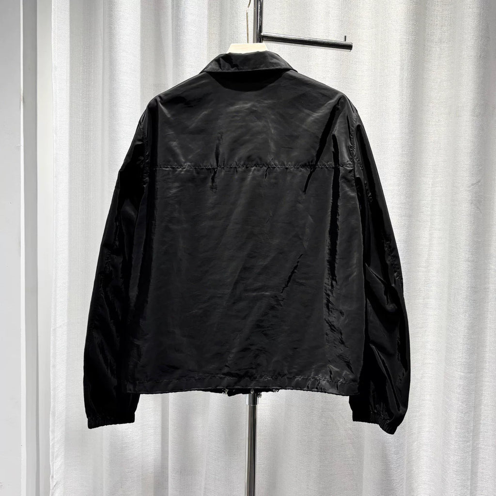 Prada Lapel Metallic Triangle Logo Drawstring Zip Black Jacket