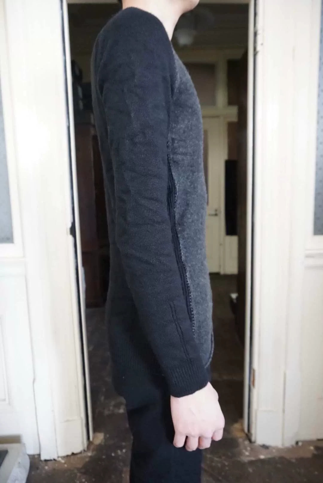 Layer-0 FW18 Grey Black Hand-Stitched Patchwork Cashmere Silk Sweater