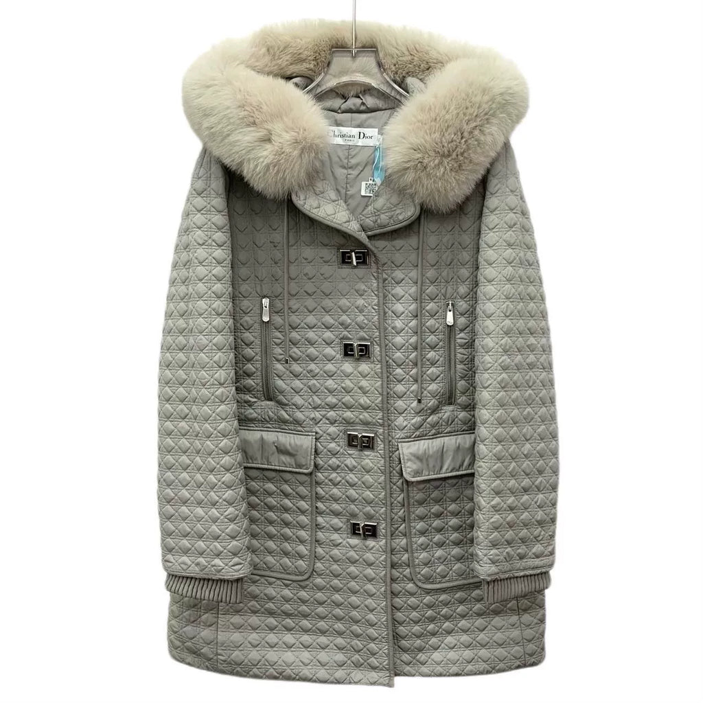 Dior Grey Diamond Quilted Hooded Fur Collar Silver Button Cotton Jacket