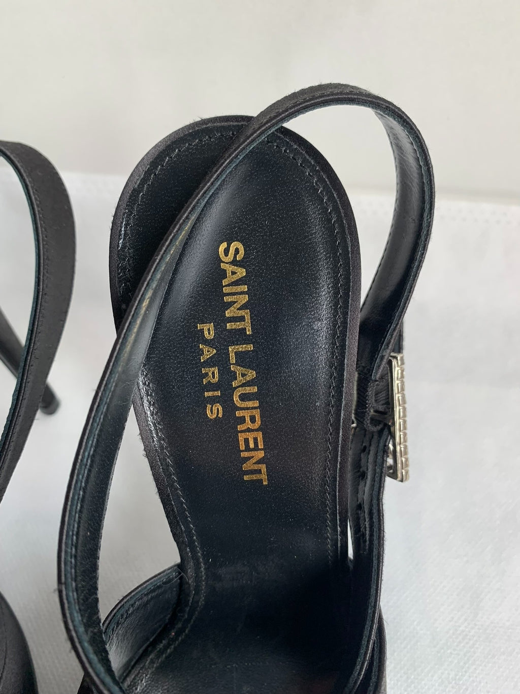 Saint Laurent Black Crystal Buckle Satin Heels