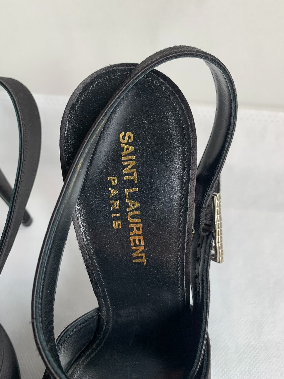 Saint Laurent Black Crystal Buckle Satin Heels