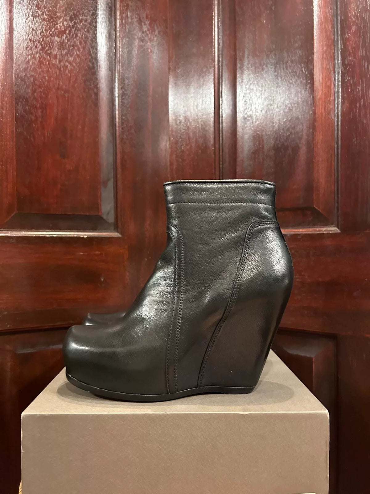 Rick Owens SS16 Black Classic Wedge Lambskin Boots