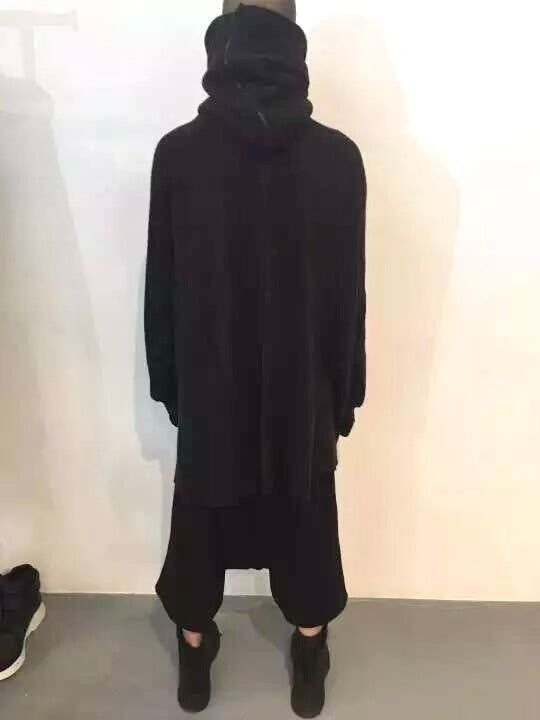 Julius FW16 Black Diagonal Zip Collared Long Hooded Beast Mixed Fiber Coat