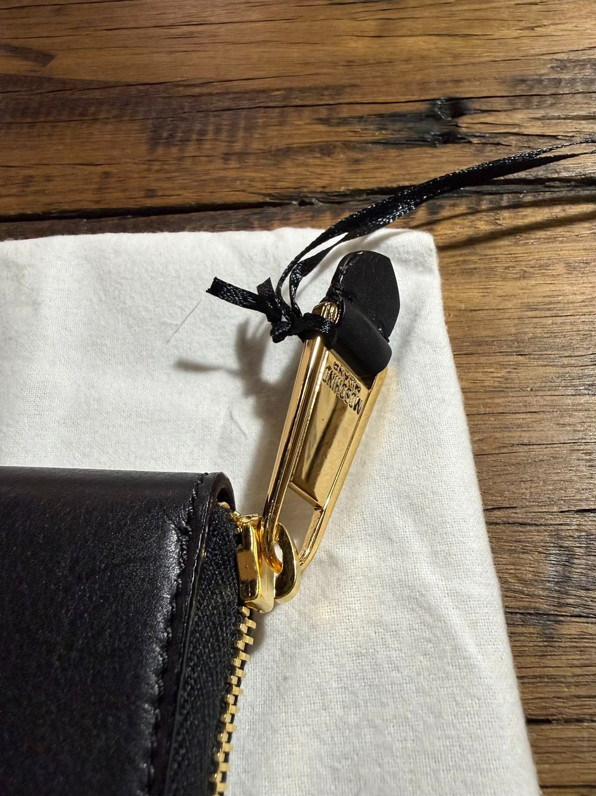 Moschino SS15 Black Gold Logo Zip Leather Wallet