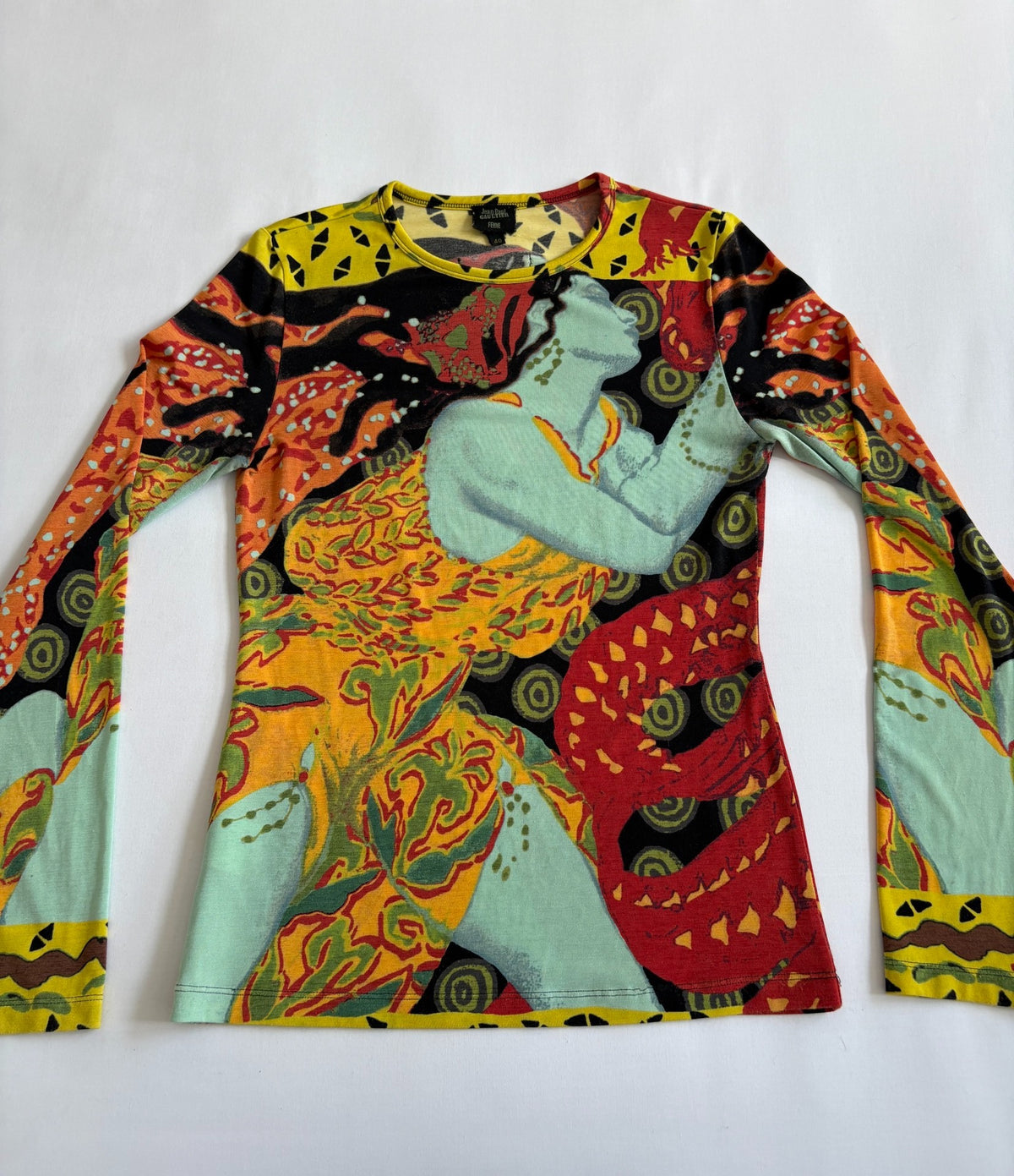 Jean Paul Gaultier Vintage Slim Print Long Sleeve Portrait Silk Top