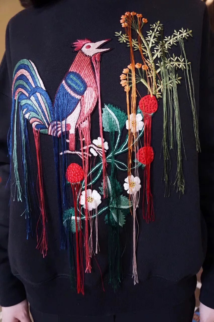 Alexander McQueen Black Gold Rooster Fringe Embroidered Oversized Cotton Sweater