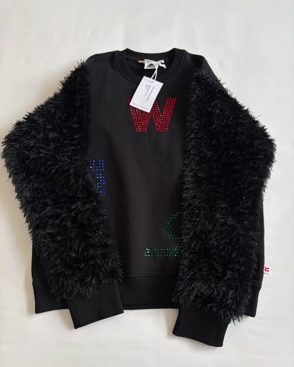 Walter Van Beirendonck fur patchwork rhinestone sweatshirt