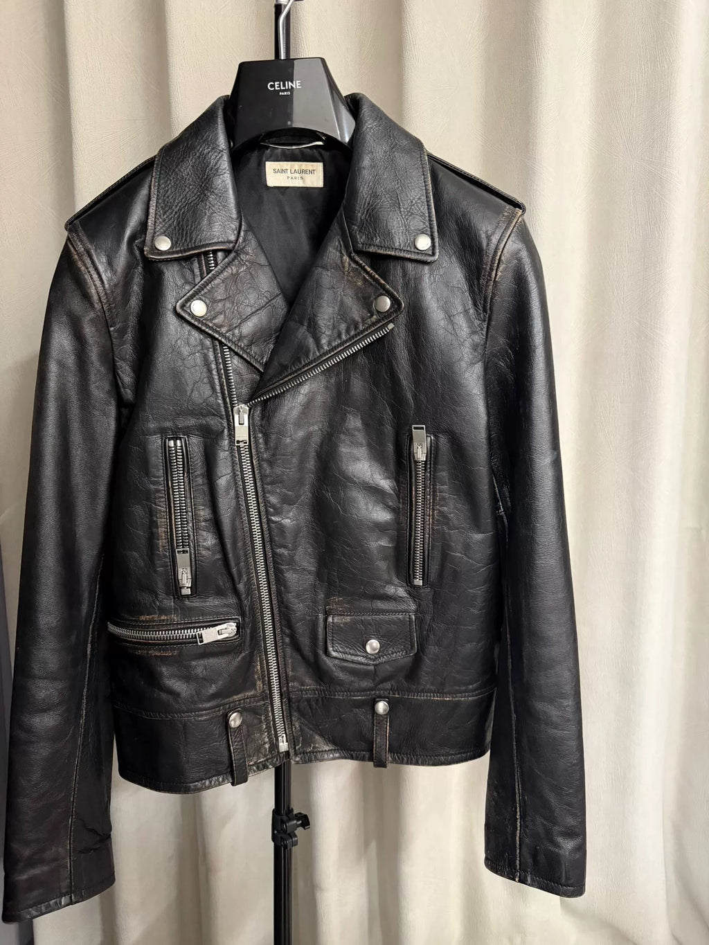 Saint Laurent Paris FW17 L01 Distressed White Cat Print Lambskin Biker Jacket