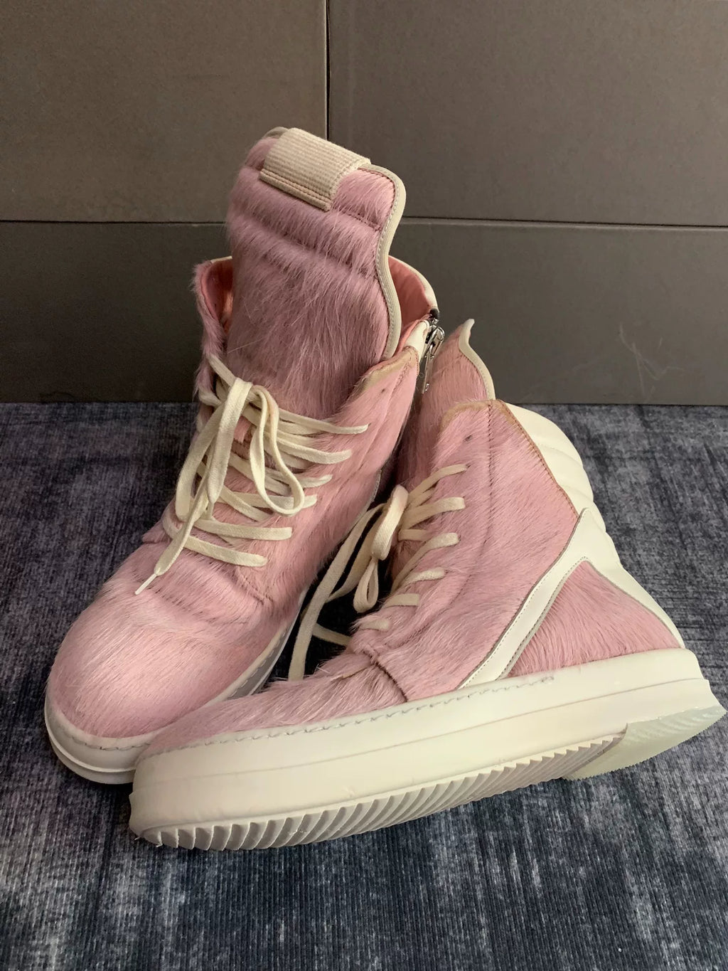 Rick Owens Inverted-Triangle Pink Fur Sneakers
