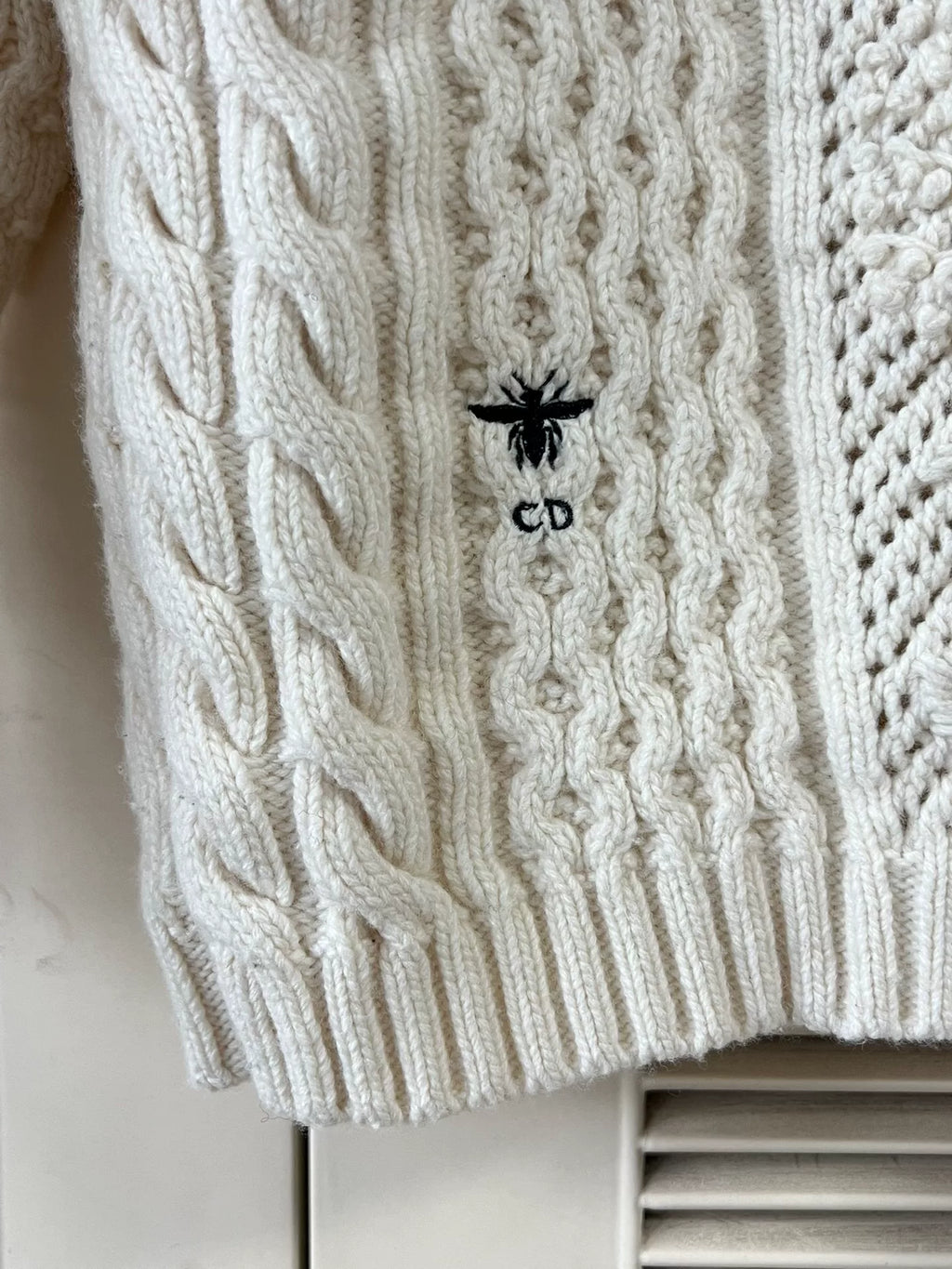 Dior Off-White Little Bee Embroidery Cable Knit Sweater