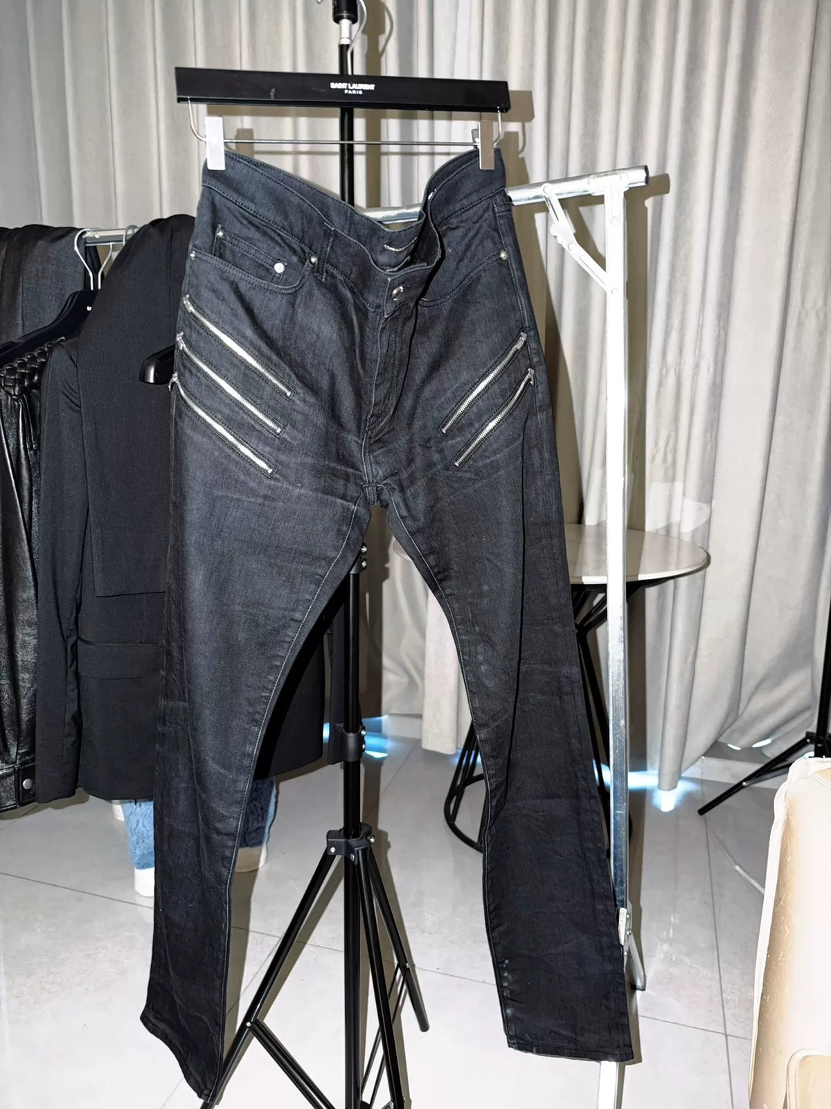 Saint Laurent Paris FW15 D02 Black Five-Zip Motorcycle Denim Jeans