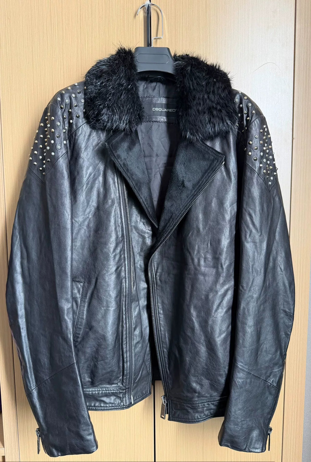 DSQUARED2 Black Fur Collar Rivet Mohair Leather Jacket