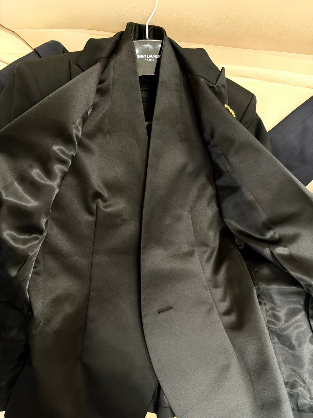 Balmain FW22 Sword Collar One‑Button Pin‑Decorated Satin Peak-Lapel Wool Blazer