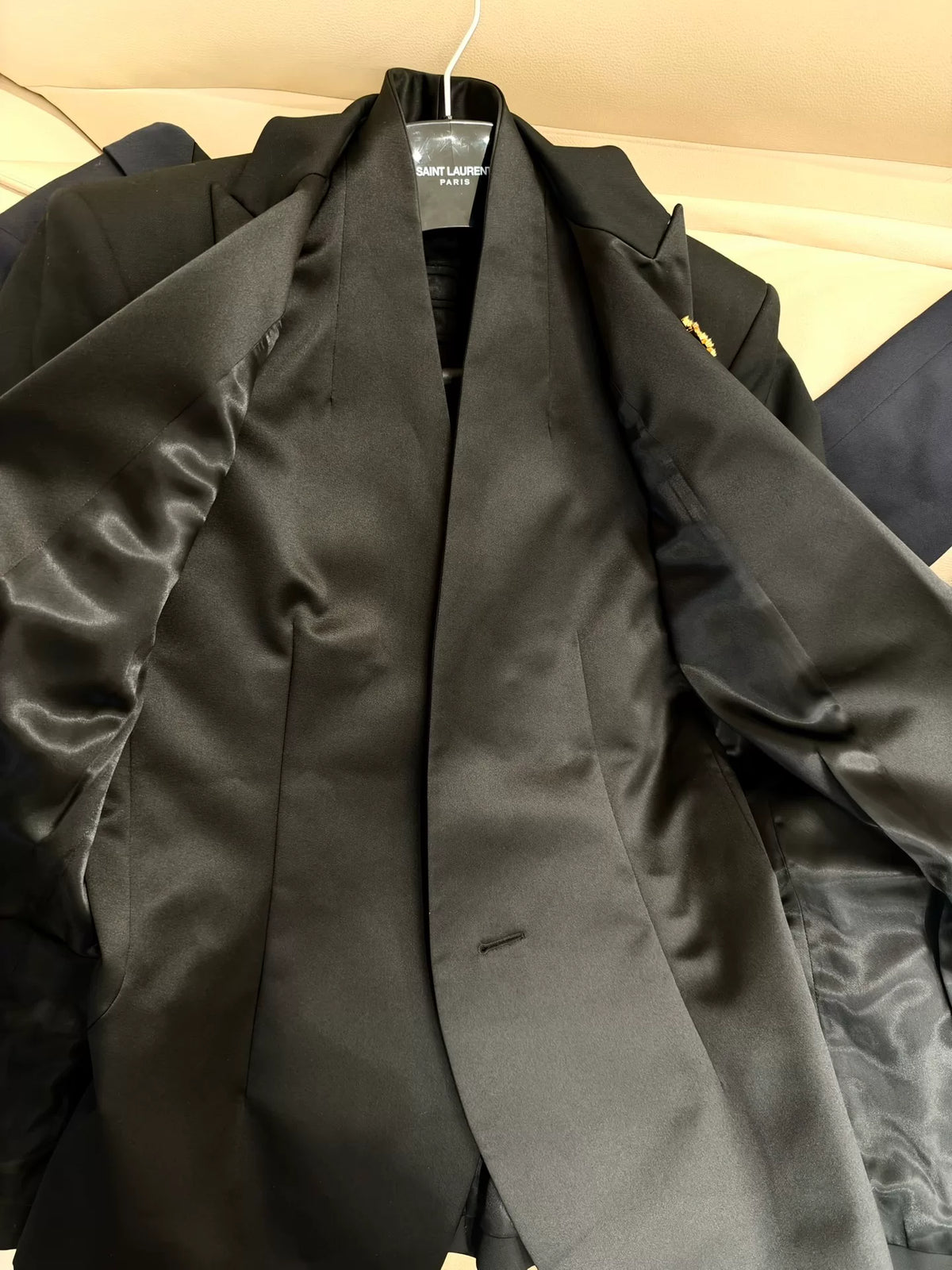 Balmain FW22 Sword Collar One‑Button Pin‑Decorated Satin Peak-Lapel Wool Blazer