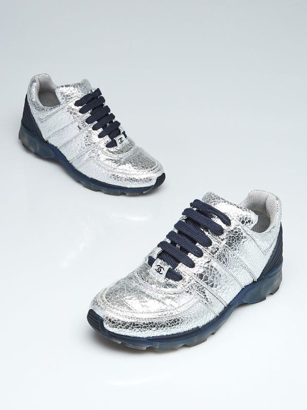 Chanel Silver Crinkle Leather Sneakers