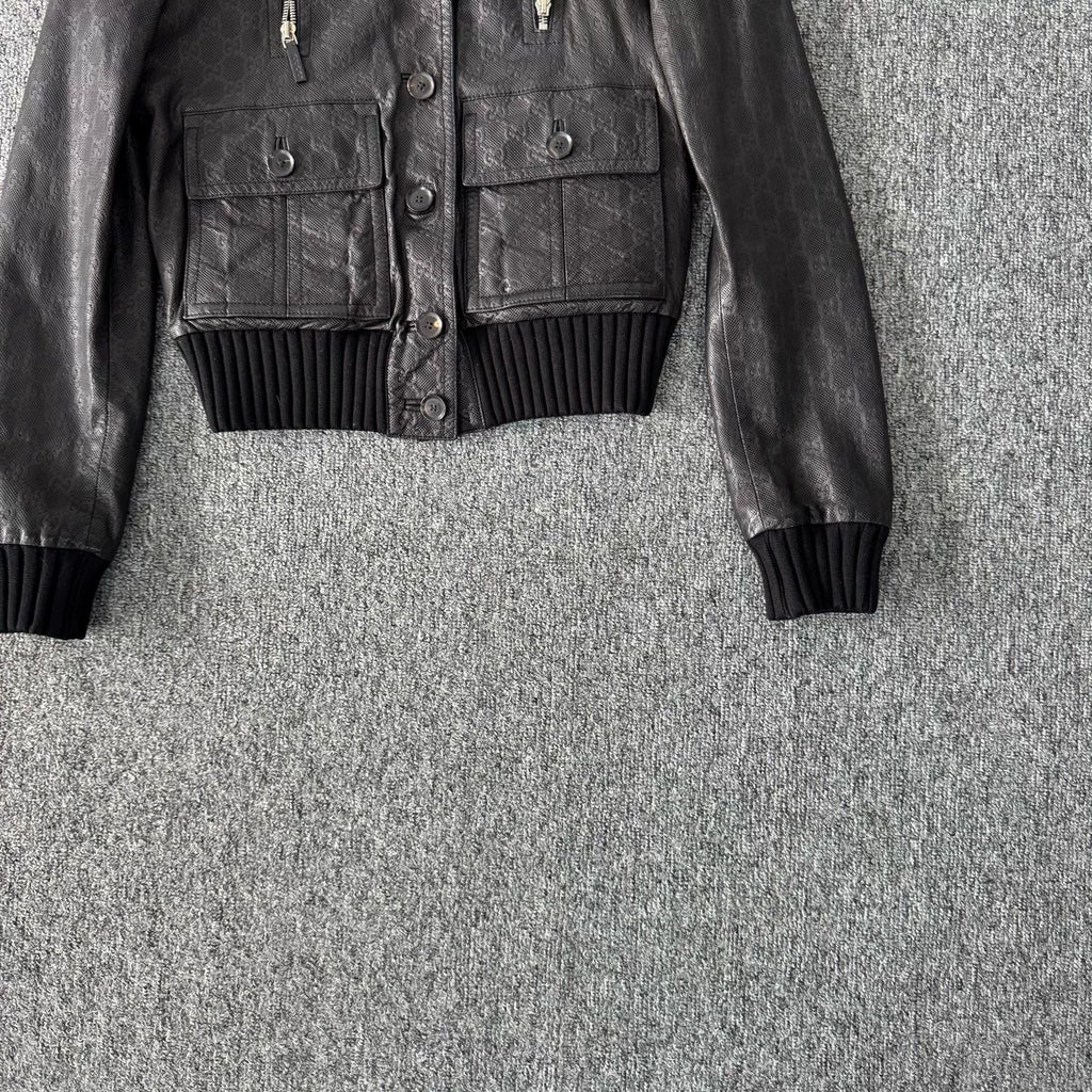 Gucci knit patchwork double-G all-over print leather pilot jacket