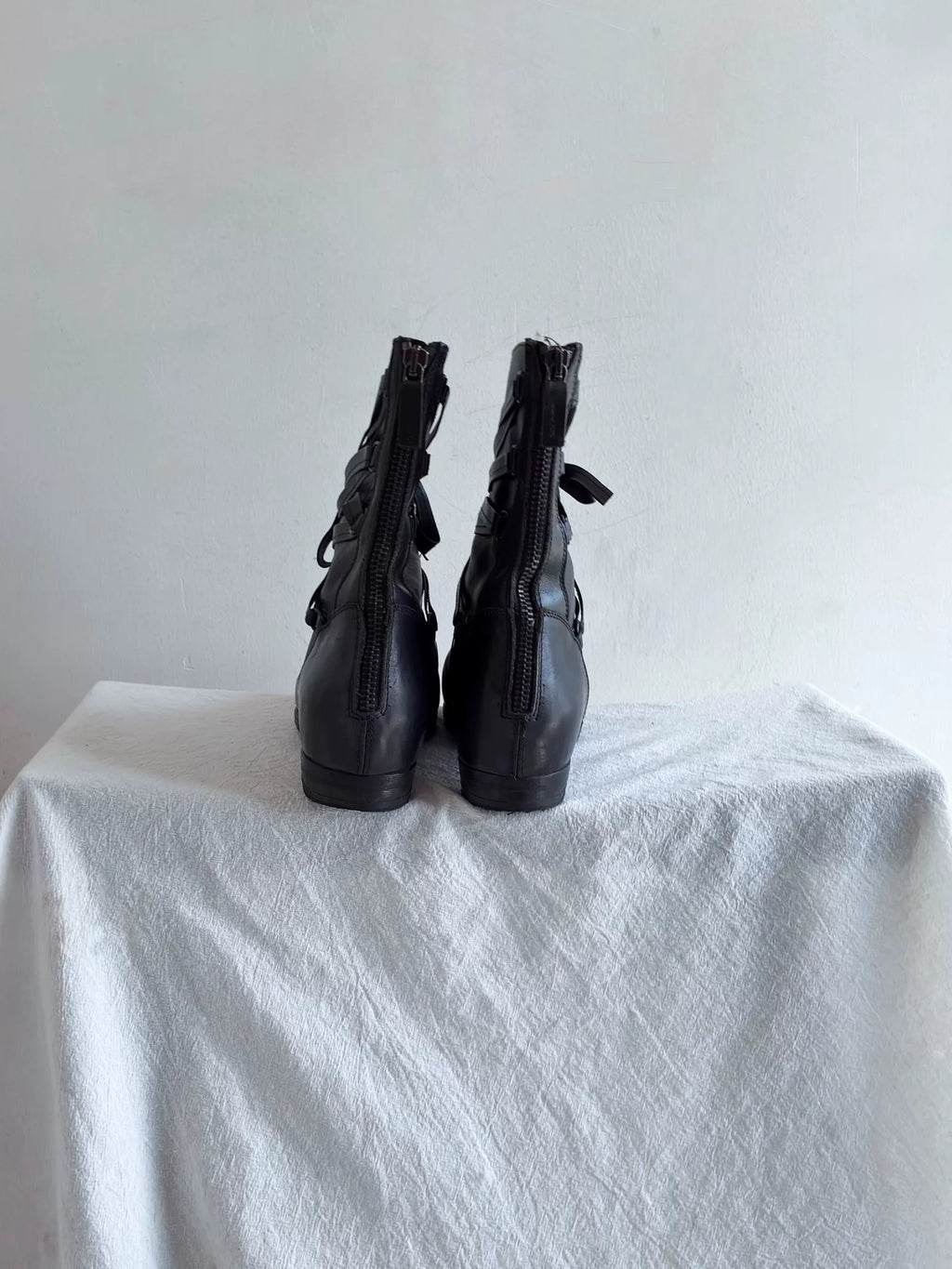 90s Yohji Yamamoto Strap Boots Y's Wrap-Strap Knight Mid-Calf Leather Boots