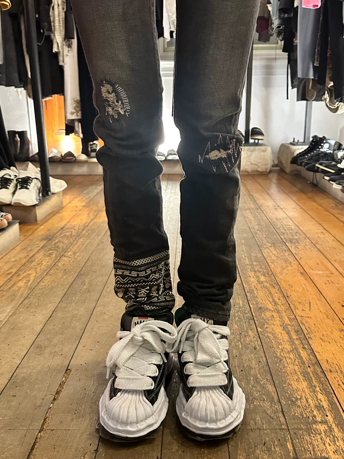 mastermind Japan FW12 Neworder SAMPLE Black Double Waist Skull Patch Denim Pants