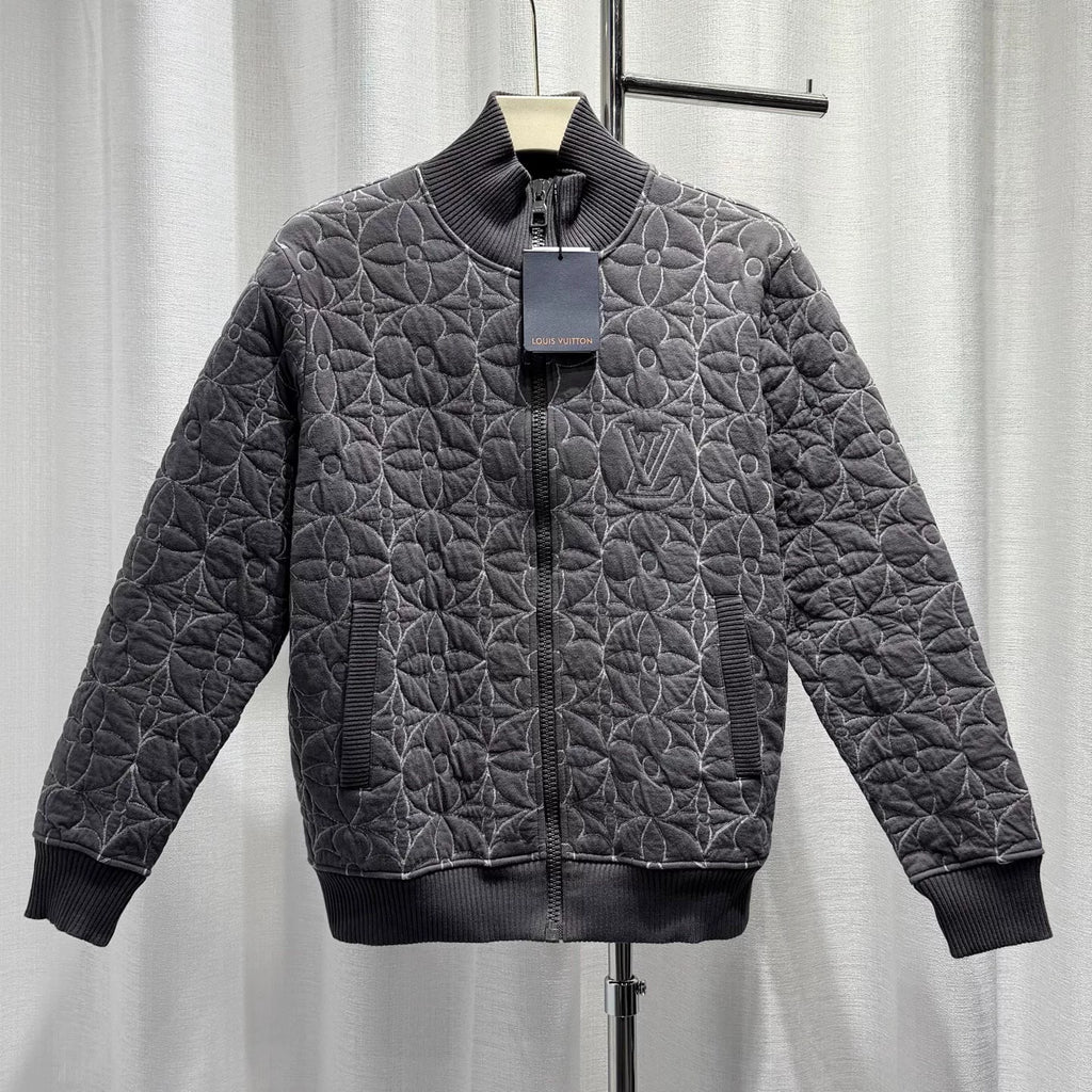Louis Vuitton Long Sleeve Three-Flower All-Over Logo Print Zip Cotton Gray Jacket