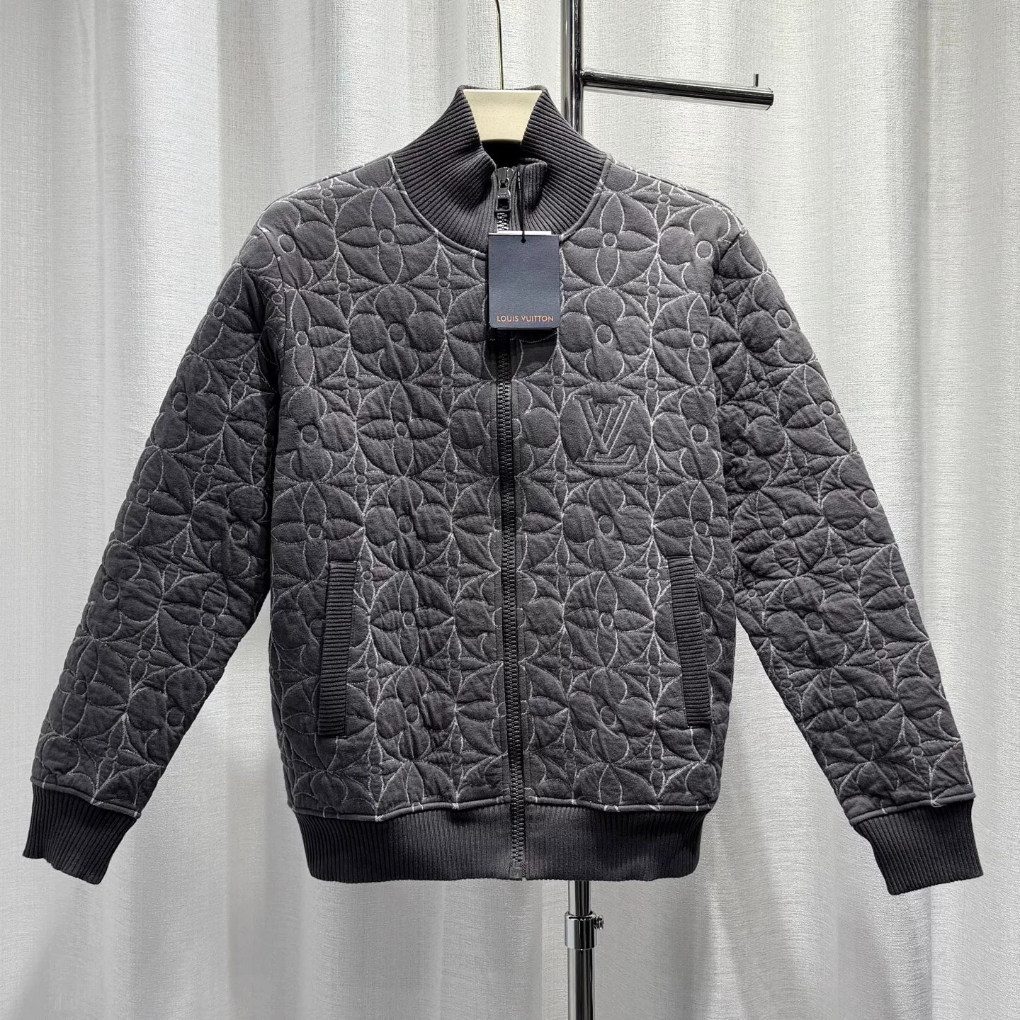 Louis Vuitton Long Sleeve Three-Flower All-Over Logo Print Zip Cotton Gray Jacket