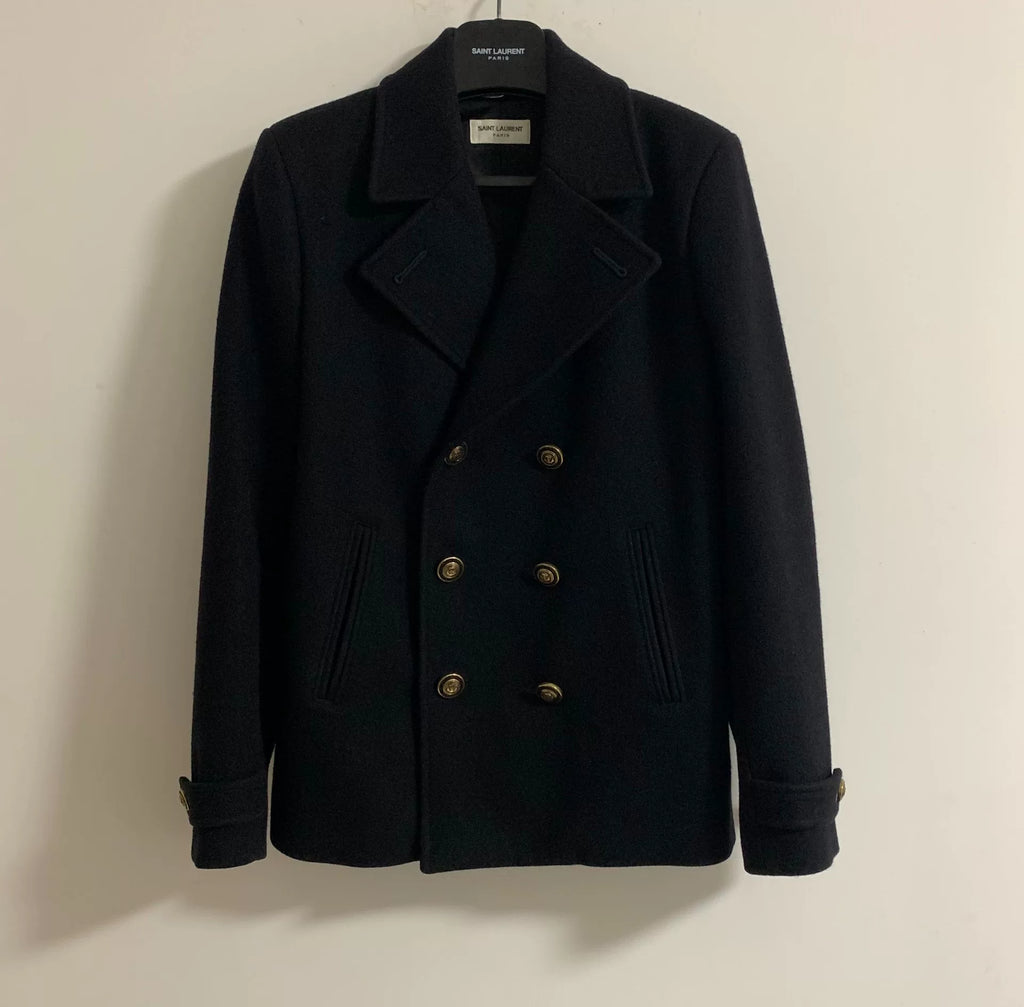 Saint Laurent FW20 Navy Gold Button Double-Breasted Wool Coat