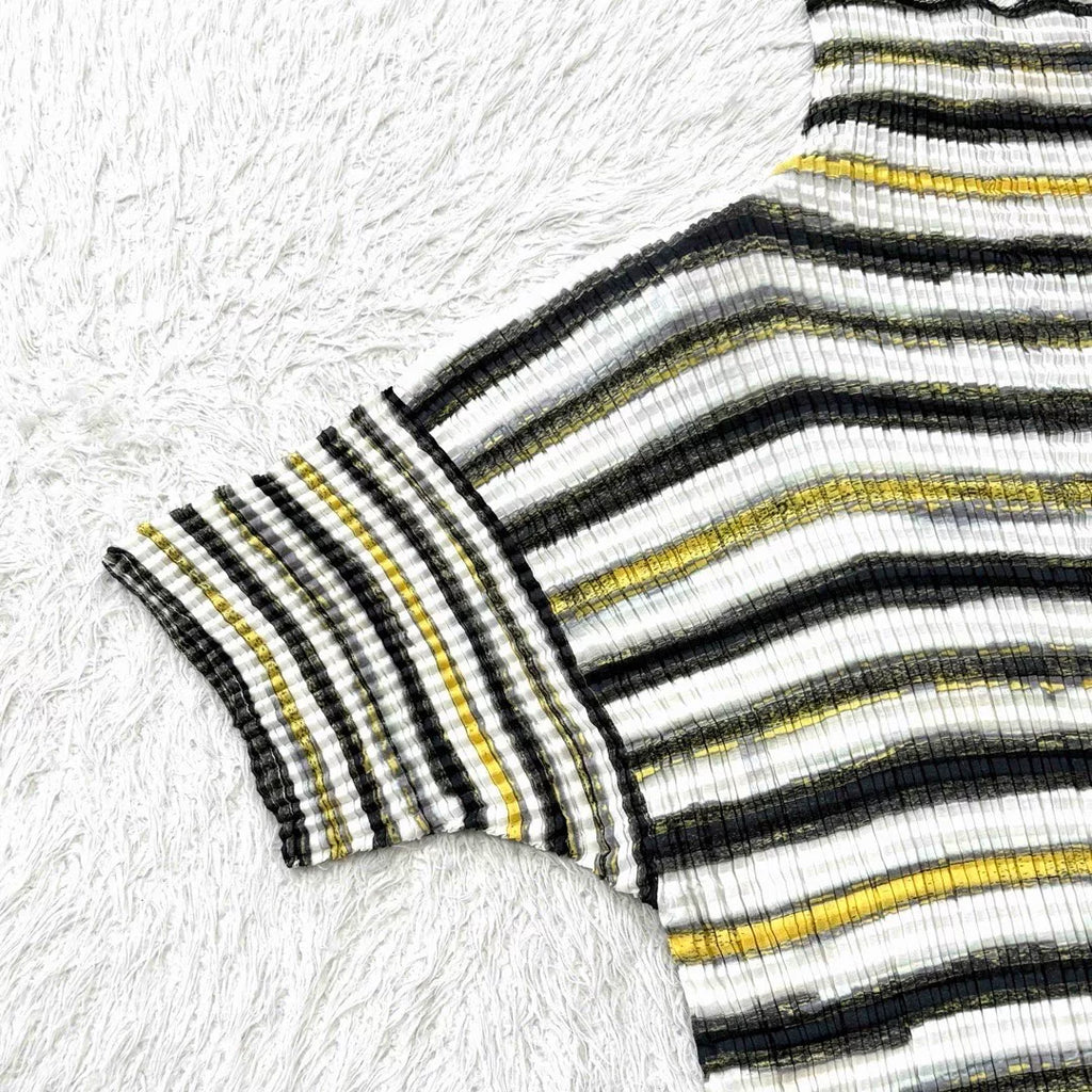 Issey Miyake Striped Pleated Short-Sleeve Top