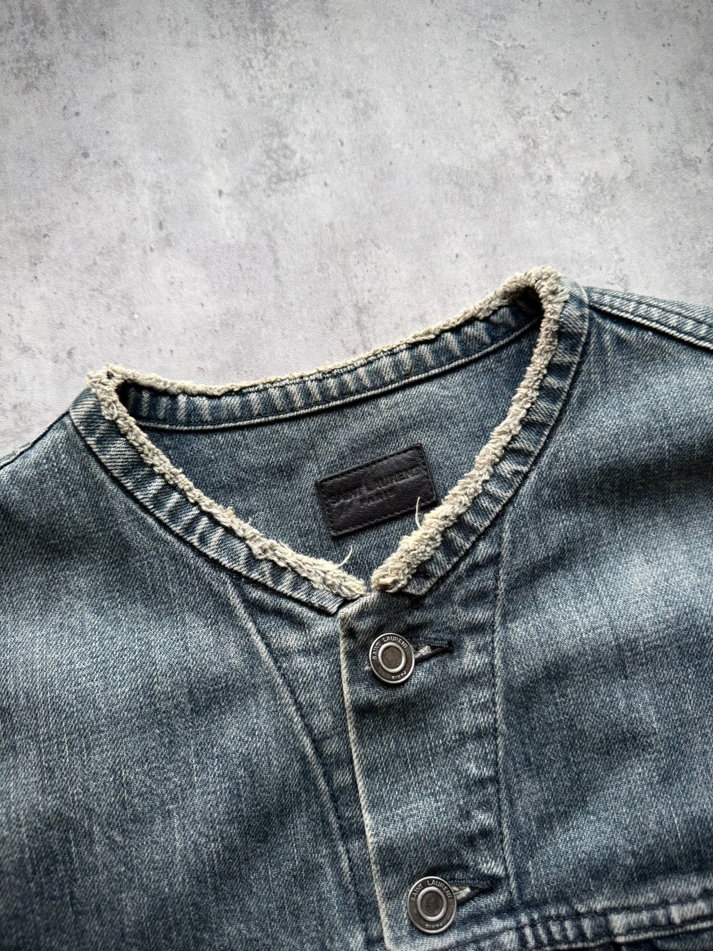 Saint Laurent 13SS Blue-Grey Raw Edge Distressed Denim Jacket by Hedi Slimane