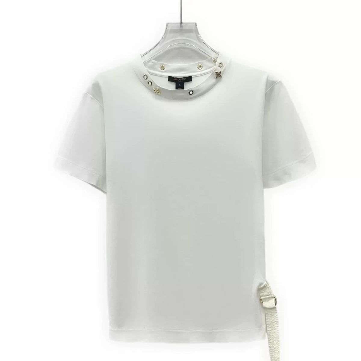 Louis Vuitton White Cut-Out Monogram Collar Cotton Crew Neck Short Sleeve Top