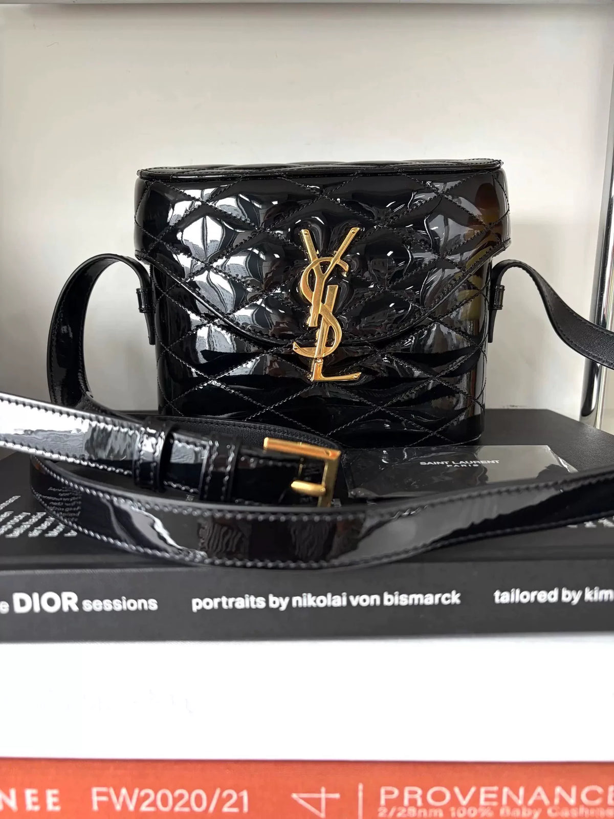 Saint Laurent Black Gold Buckle Quilted Patent Leather Box Bag