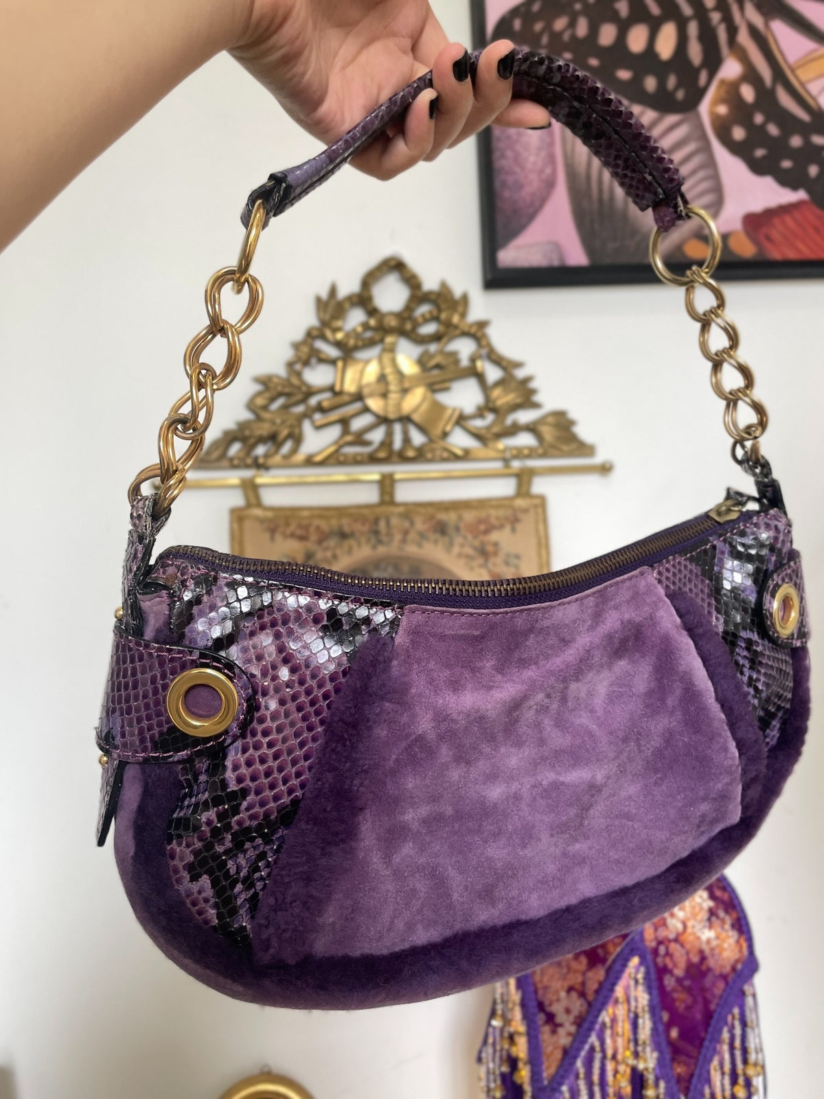 Dolce & Gabbana D&G Du Jia Ban Na purple snake pattern fuzzy patchwork secondhand bag