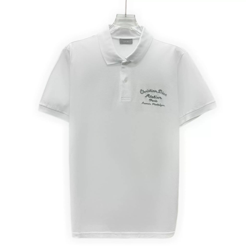 Dior White Letter Embroidery Logo Collared Single-Breasted Cotton Polo Shirt