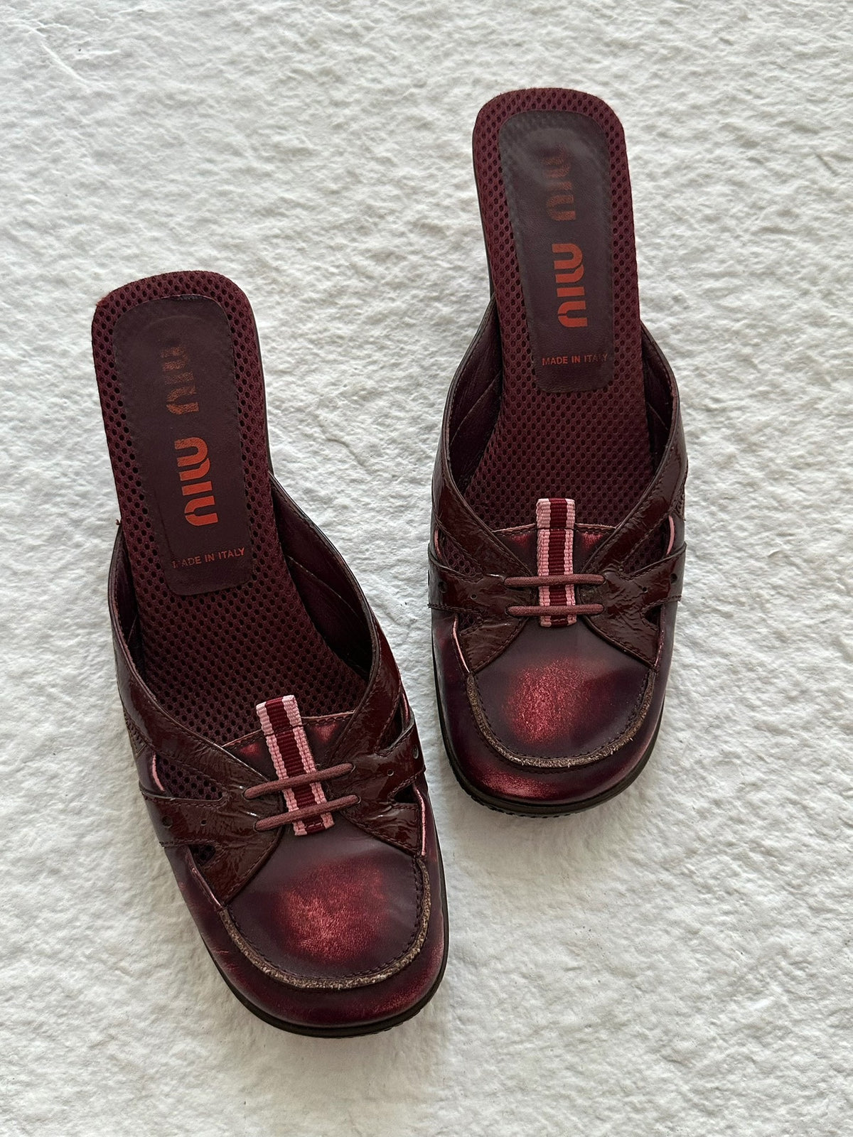 Miu Miu 00SS Wine Red Patent Leather Distressed Mule Slippers