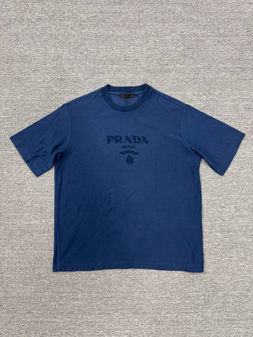 Prada Navy Blue Flocked Logo Short Sleeve Top