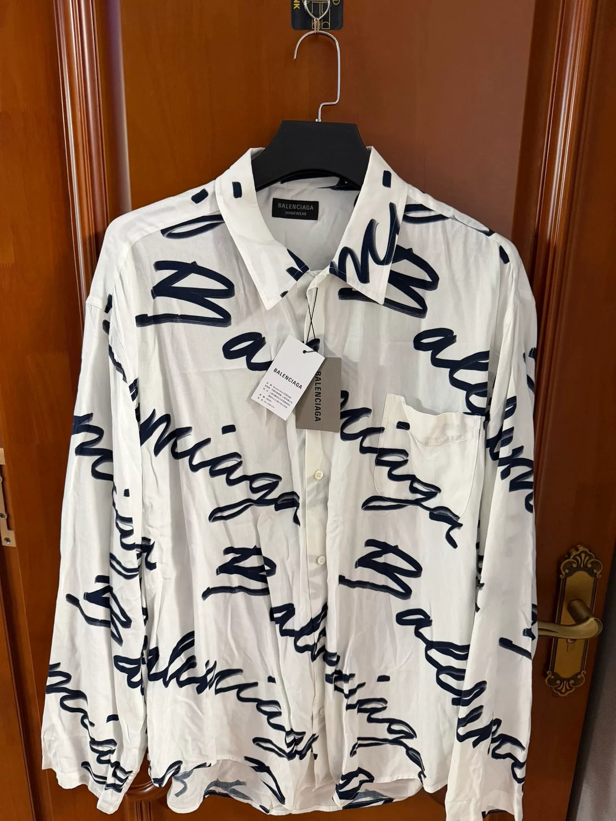 Balenciaga Black White All-Over Logo Long Sleeve Shirt