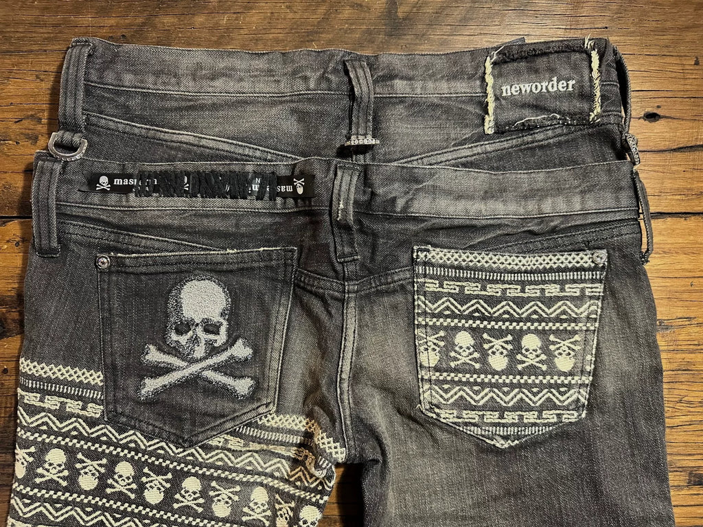 mastermind Japan FW12 Neworder SAMPLE Black Double Waist Skull Patch Denim Pants