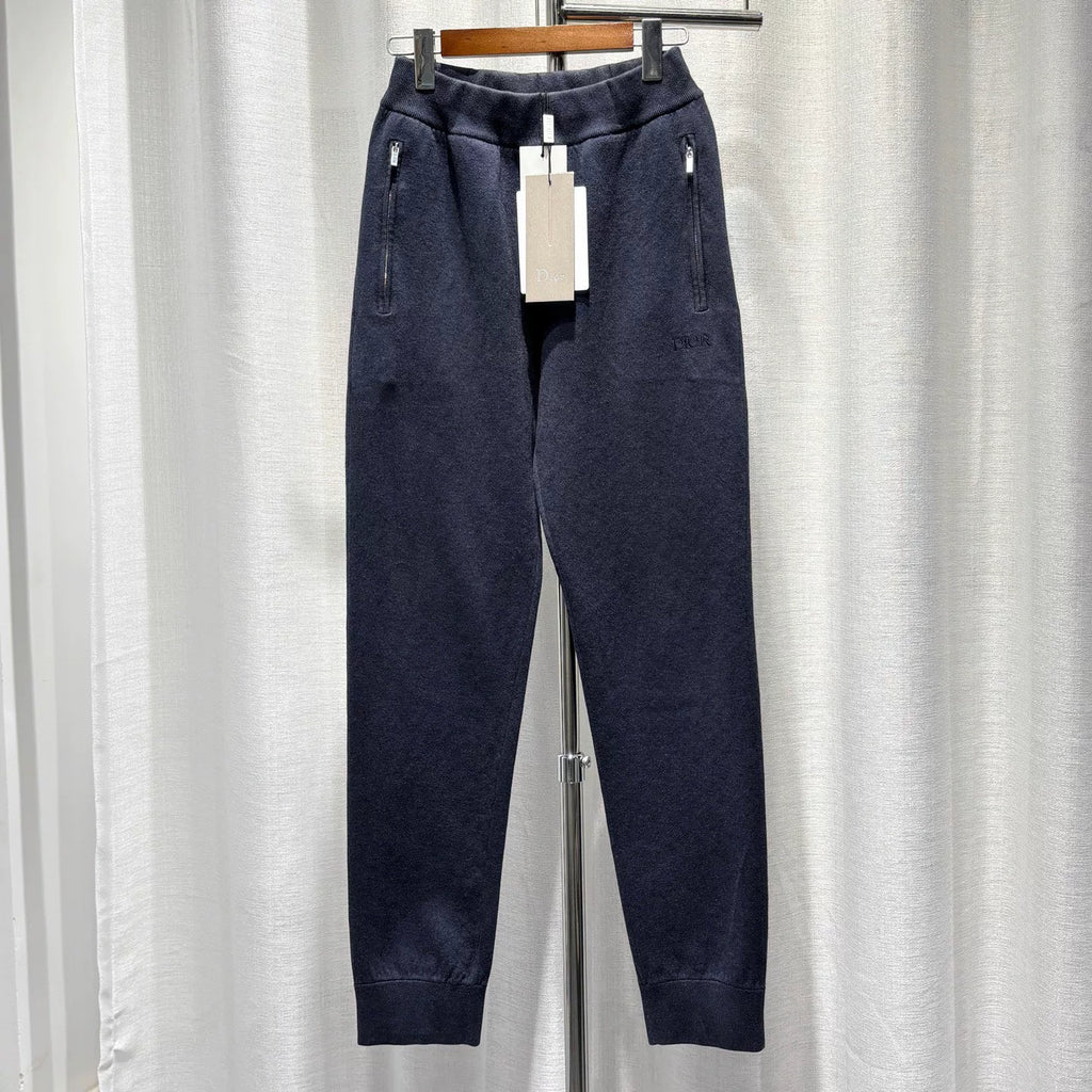 Dior Navy Blue All-Over Logo Print Embroidered Logo Elastic-Cuff Zip-Up Cotton Cashmere Trousers